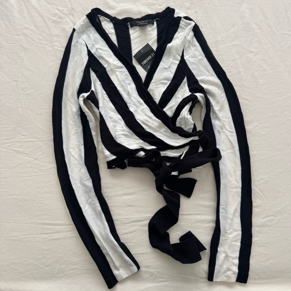 Black and White Knit Wrap Top